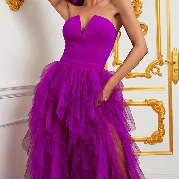 Chic Split Thigh Mesh Overlay Tube Maxi Dress purple - Picture 5 of 9